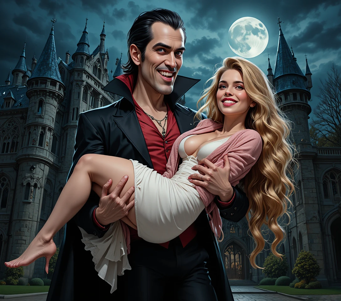 Vampire holding lifeless woman before gothic castle at night