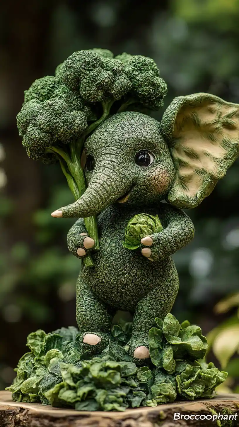 Cute baby broccoli elephant sculpture in forest moss