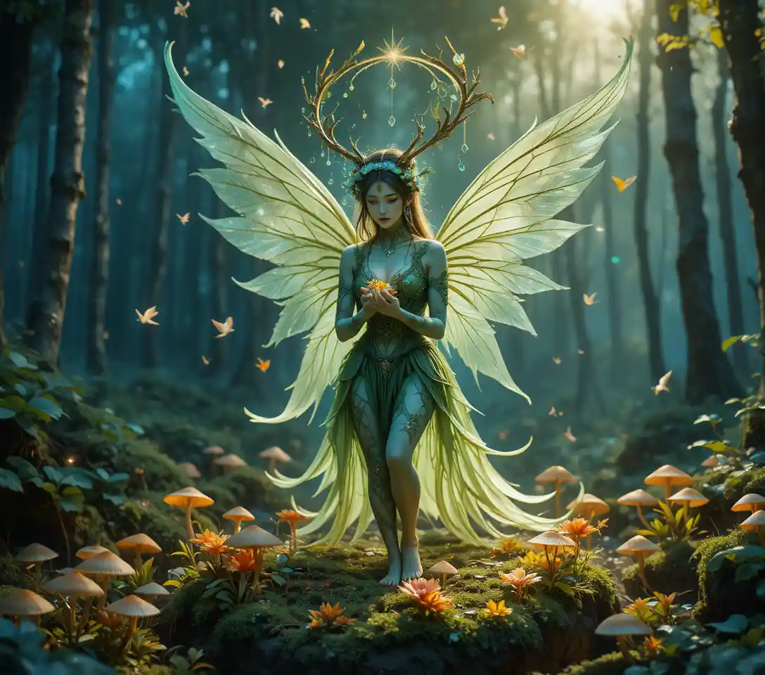 Forest nymph with glowing green wings on mossy boulder