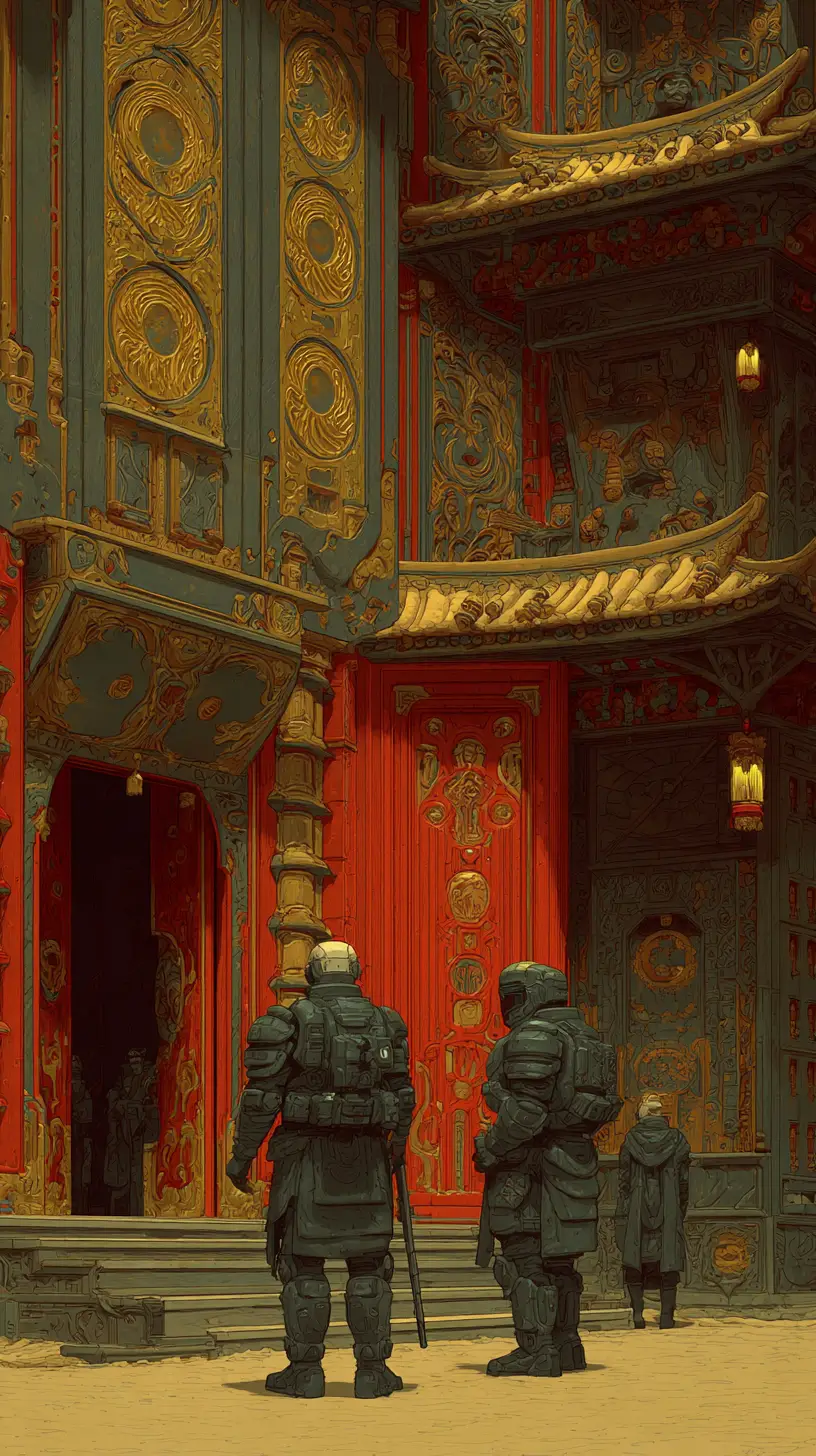 Cyberpunk guards in an ornate golden palace interior