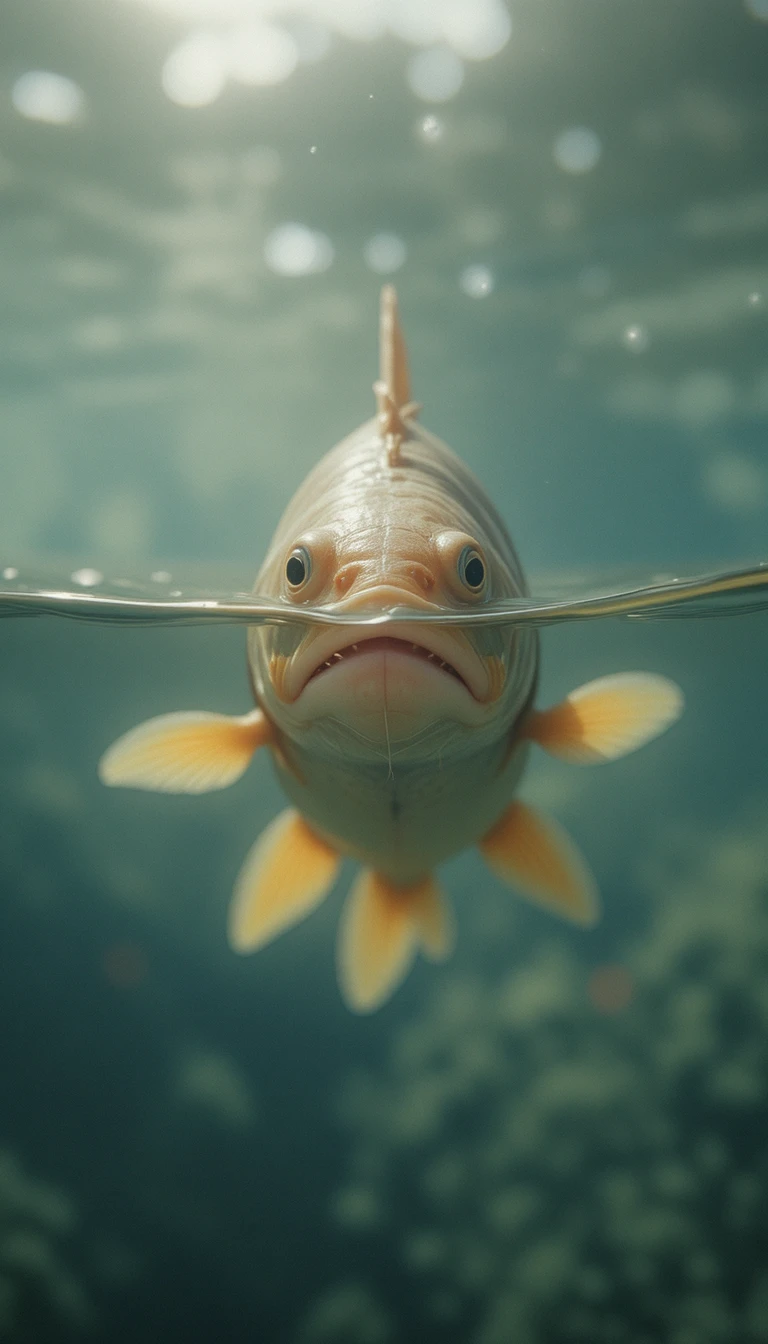Pequeño pez flotando serenamente sobre agua clara y quieta