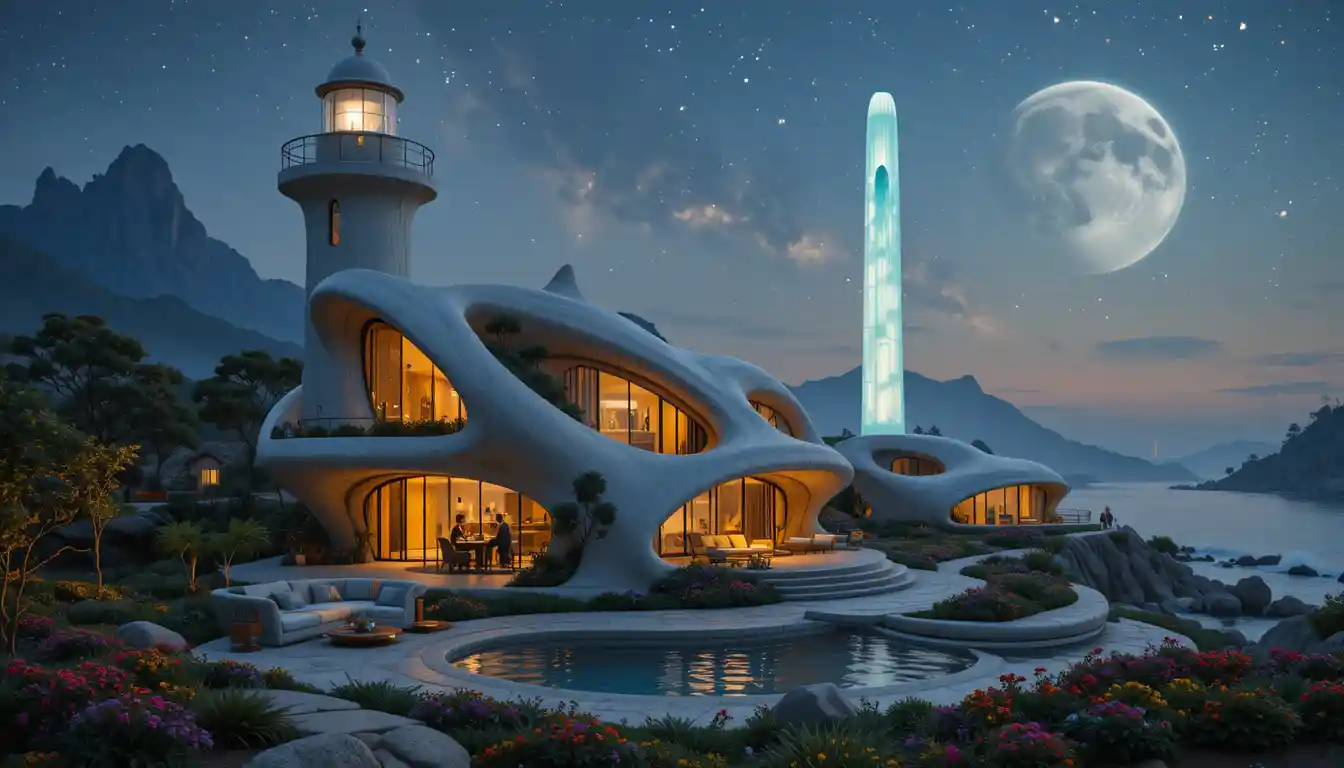 Futuristic organic house with glass curves in garden landscape
