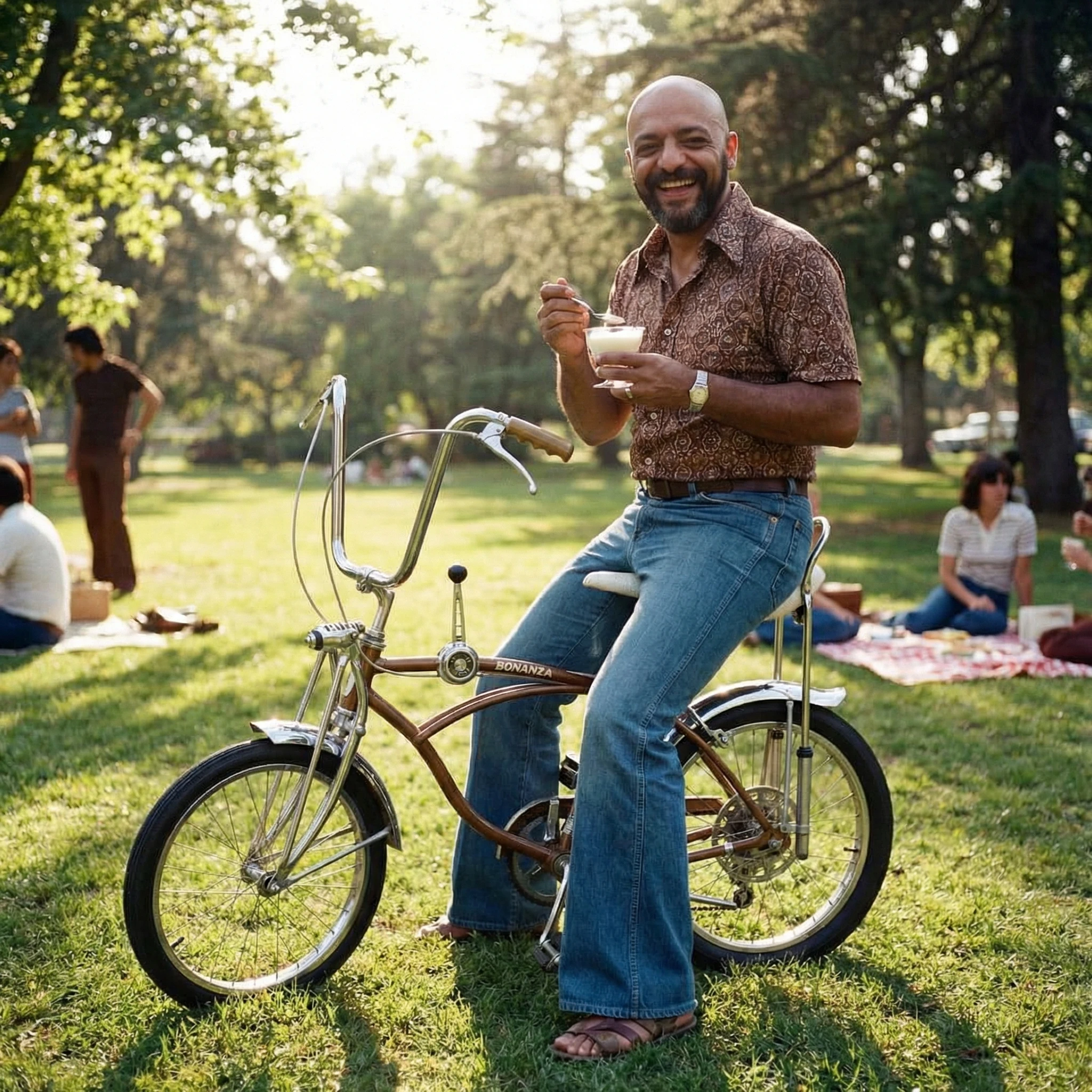 Smiling man on vintage bicycle in a sunny park