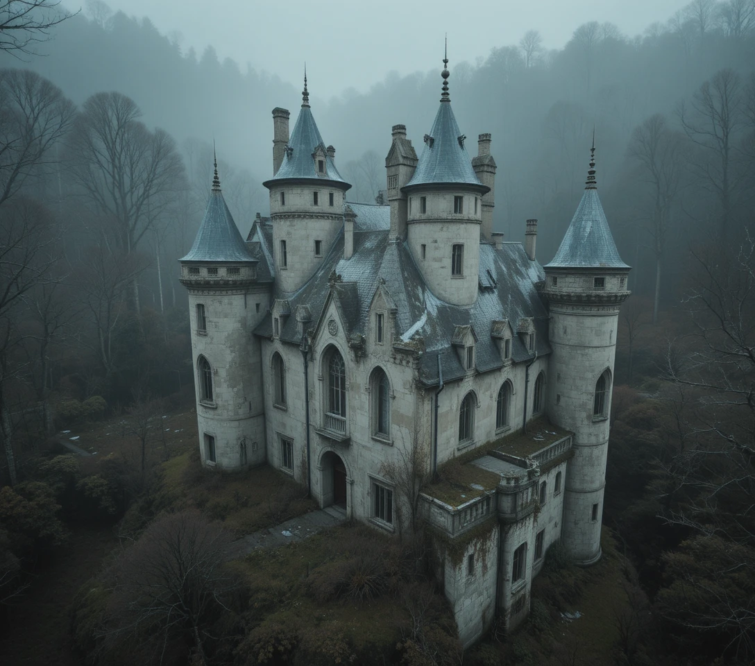 Castillo francés abandonado rodeado por un bosque oscuro que avanza