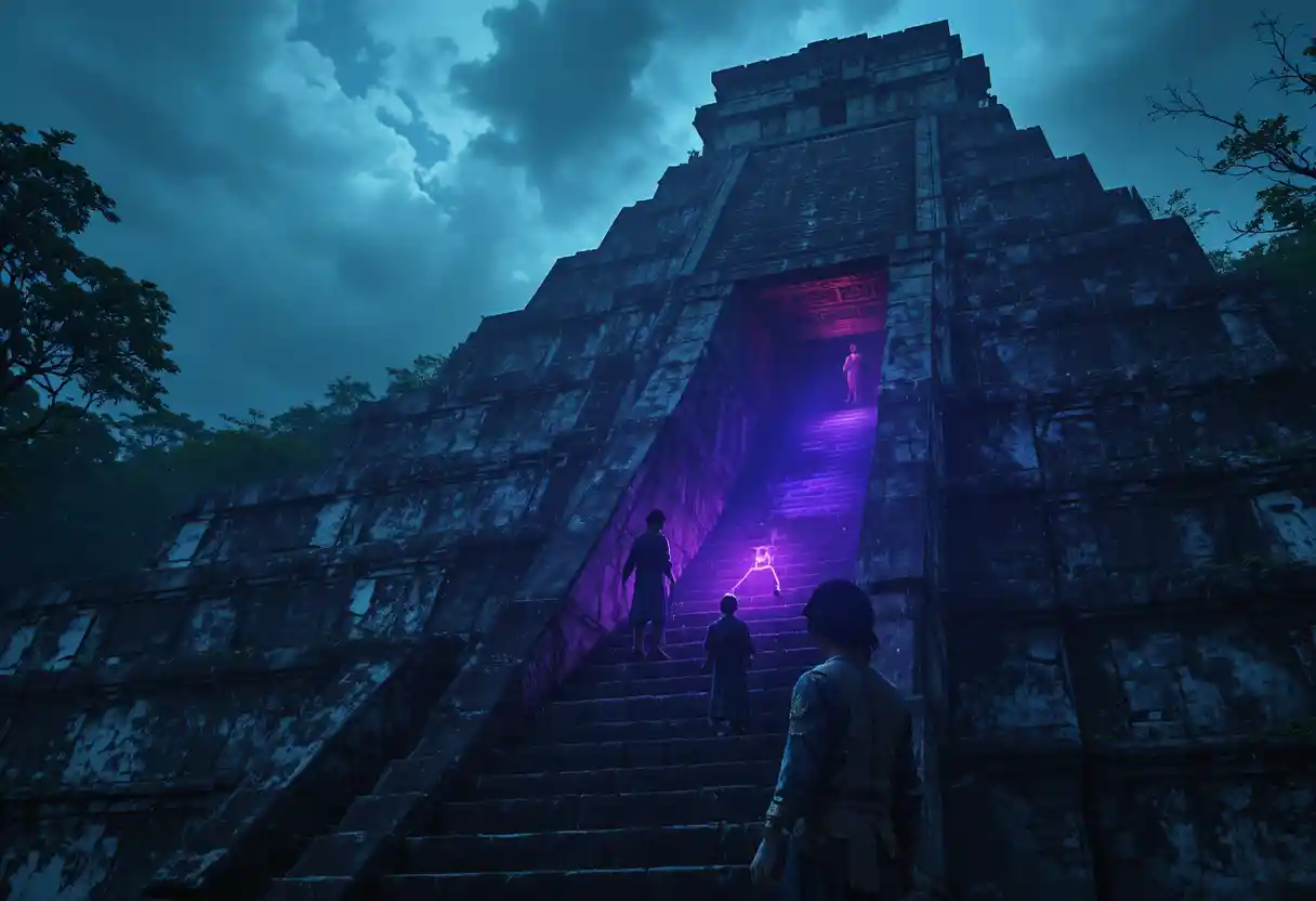 High priest at a jungle temple under surreal aurora