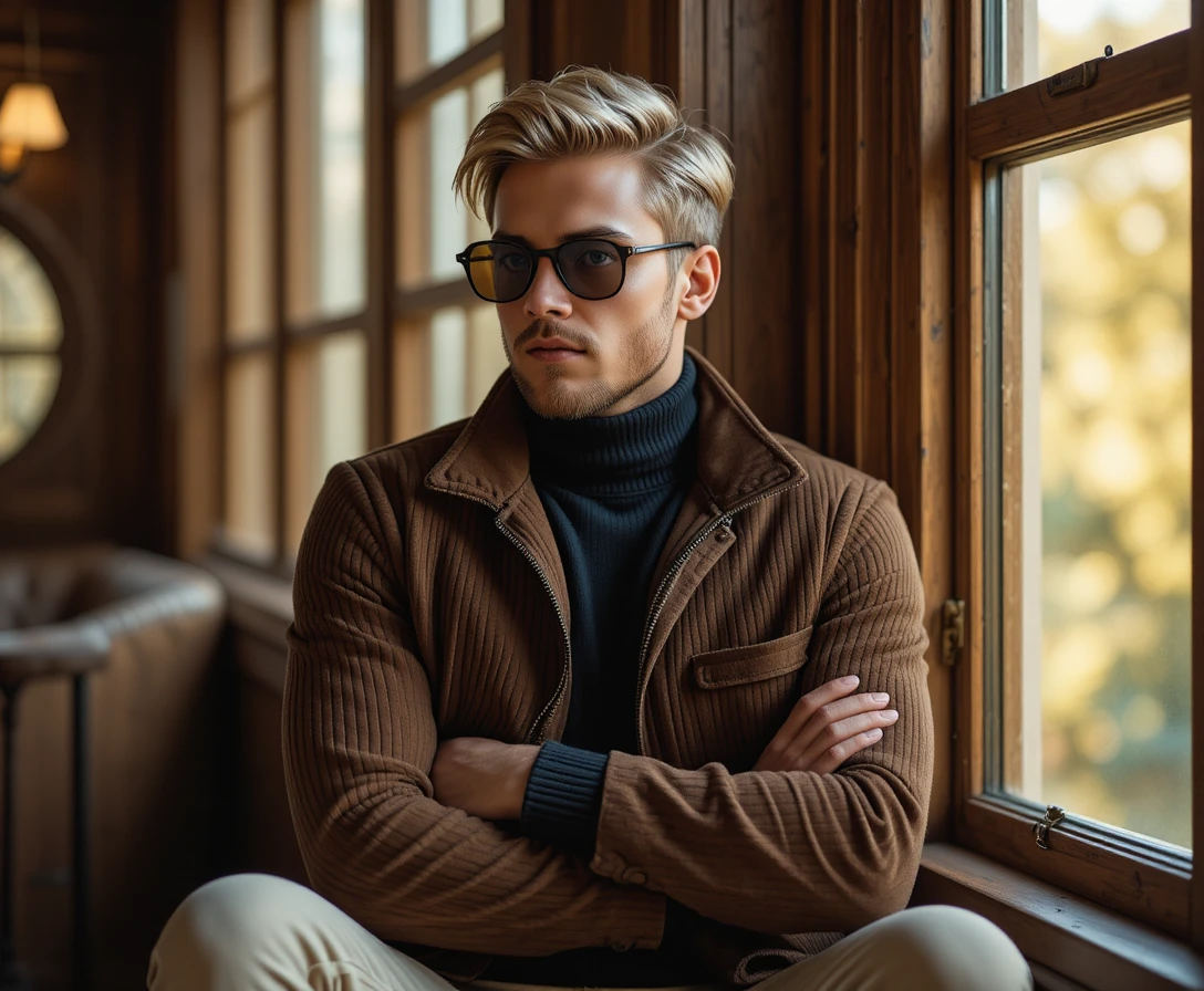 Hombre rubio con gafas de sol junto a una ventana de madera