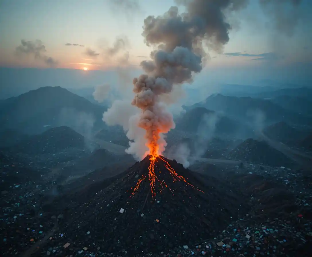 Aerial view of smoldering landfill under smoky twilight sky
