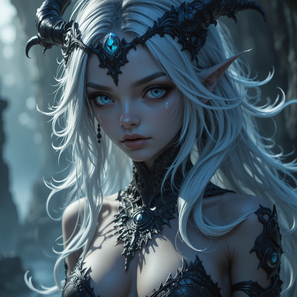 Young gray skinned goddess with pale eyes in fantasy world