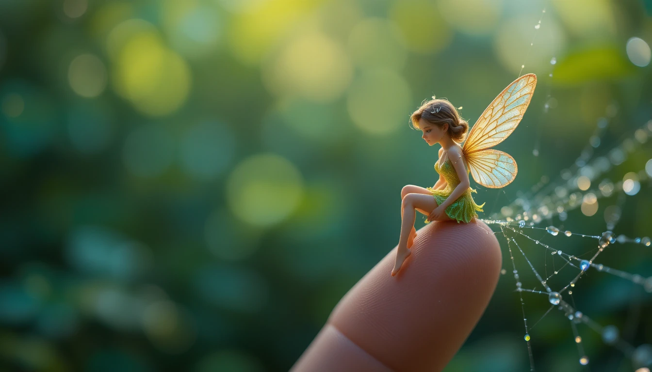 Tiny fairy resting on a dew covered spiderweb