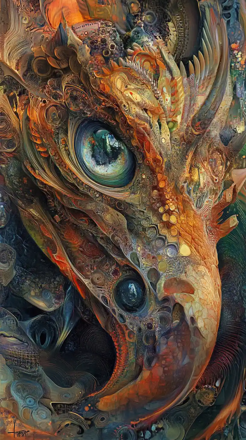 Psychedelic dragon in a hypnotic abstract mixed media realm