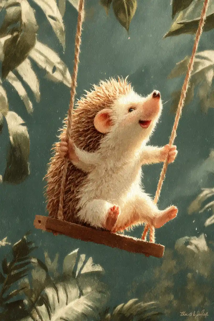 Cute hedgehog on a tree rope swing illustration