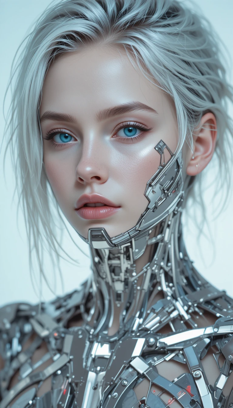 Futuristic cyberpunk woman with silver hair and biomechanical jaw