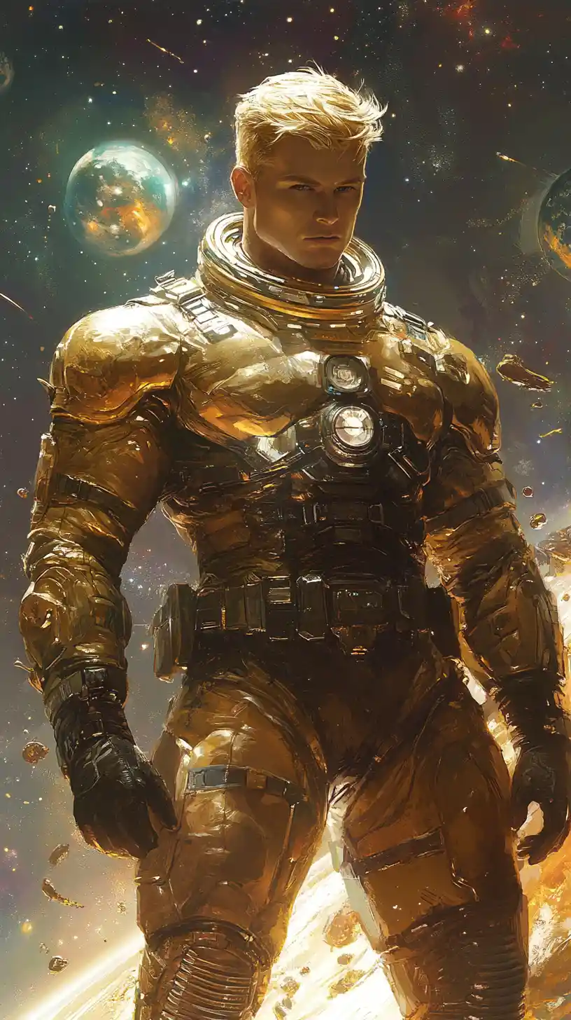 Astronaut warrior in golden suit on alien field