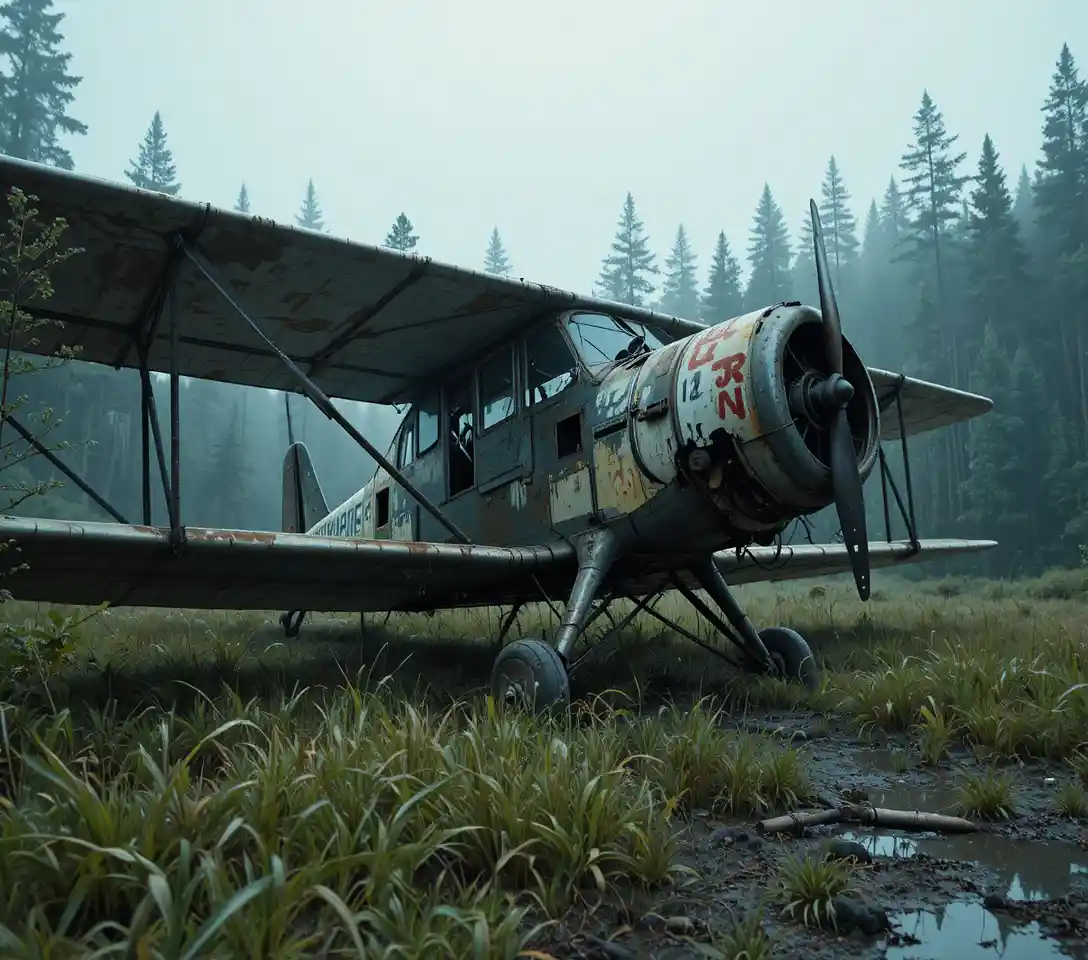 Abandoned biplane decaying in a misty forest clearing