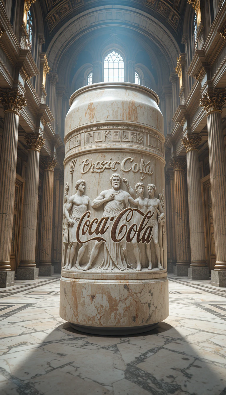 Marble soda can temple displayed inside a grand cathedral