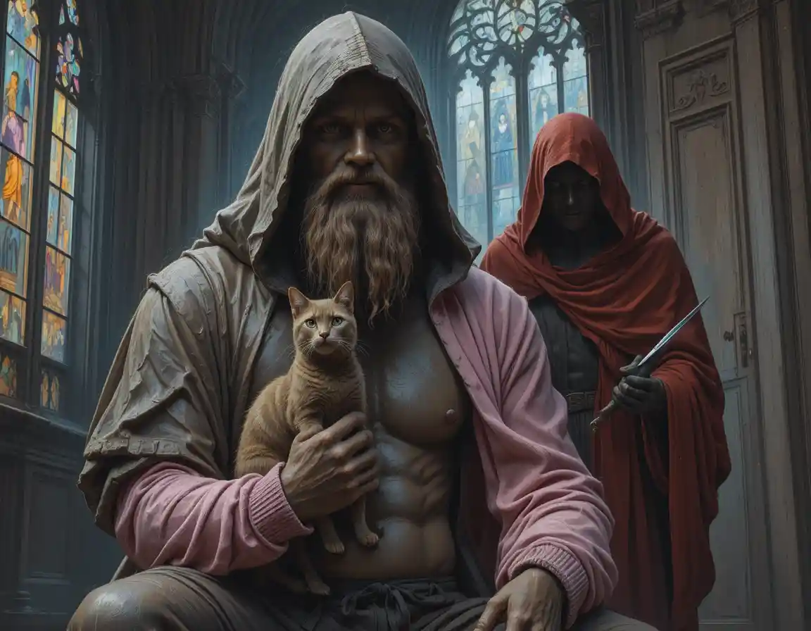 Bronze hooded statue with cat in gothic cathedral
