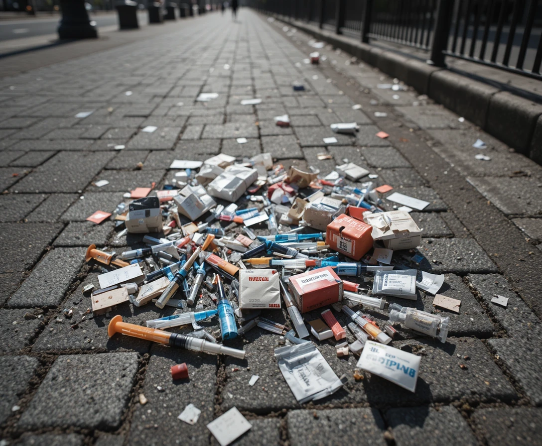 Scattered medical waste littering an urban public pathway
