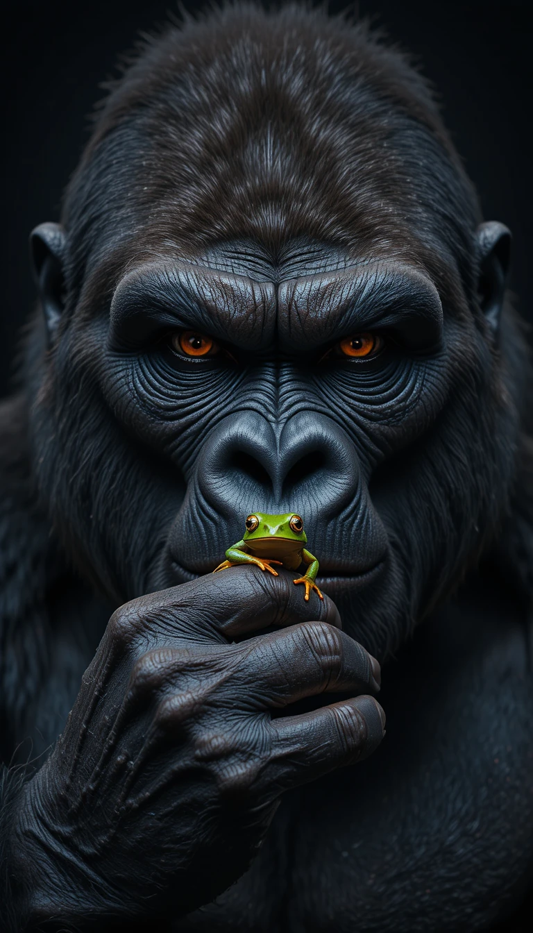 Close up portrait of a silverback gorilla holding a frog
