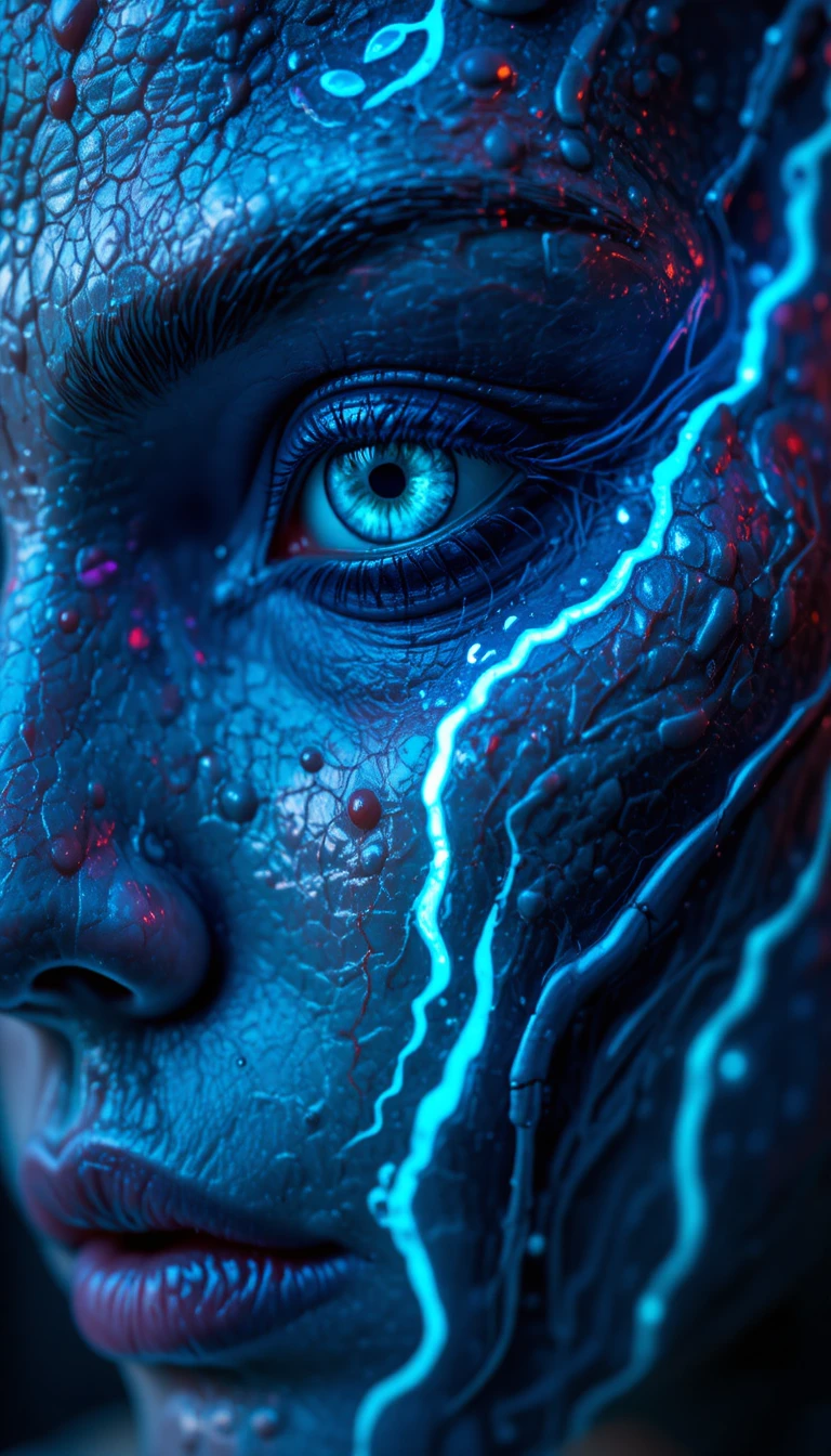 Extreme close up of glowing alien skin texture tattoo