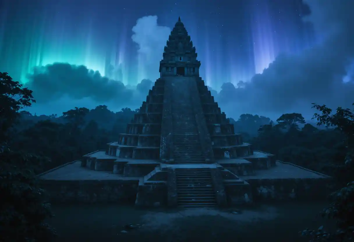Antiguo templo en la jungla bajo una aurora violeta surrealista