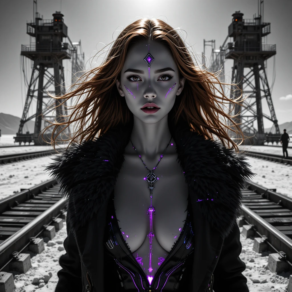 Cyberpunk woman on salt flat logistics hub in harsh sun