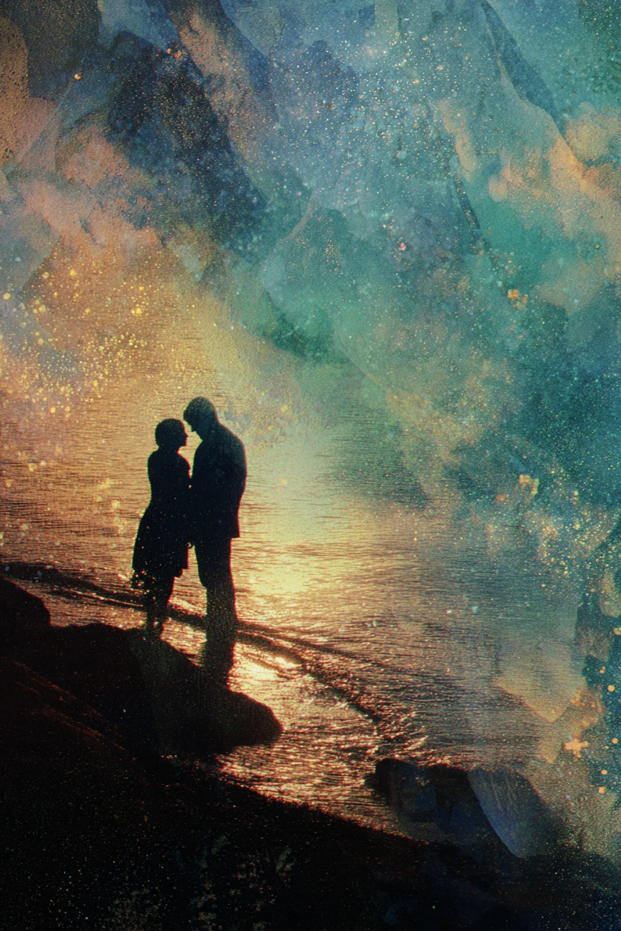 Surreal heartscape of forest and sea in double exposure