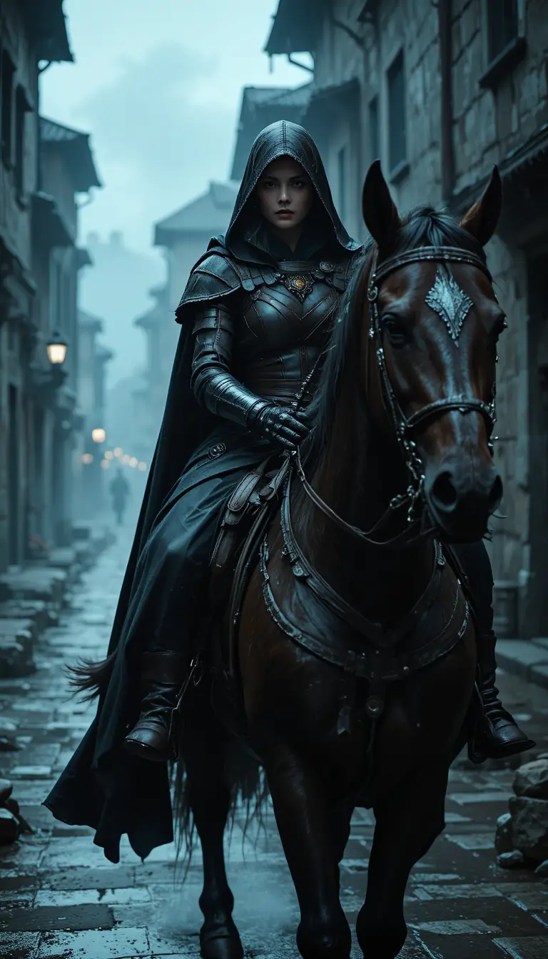 Hooded female warrior riding through a rainy medieval street