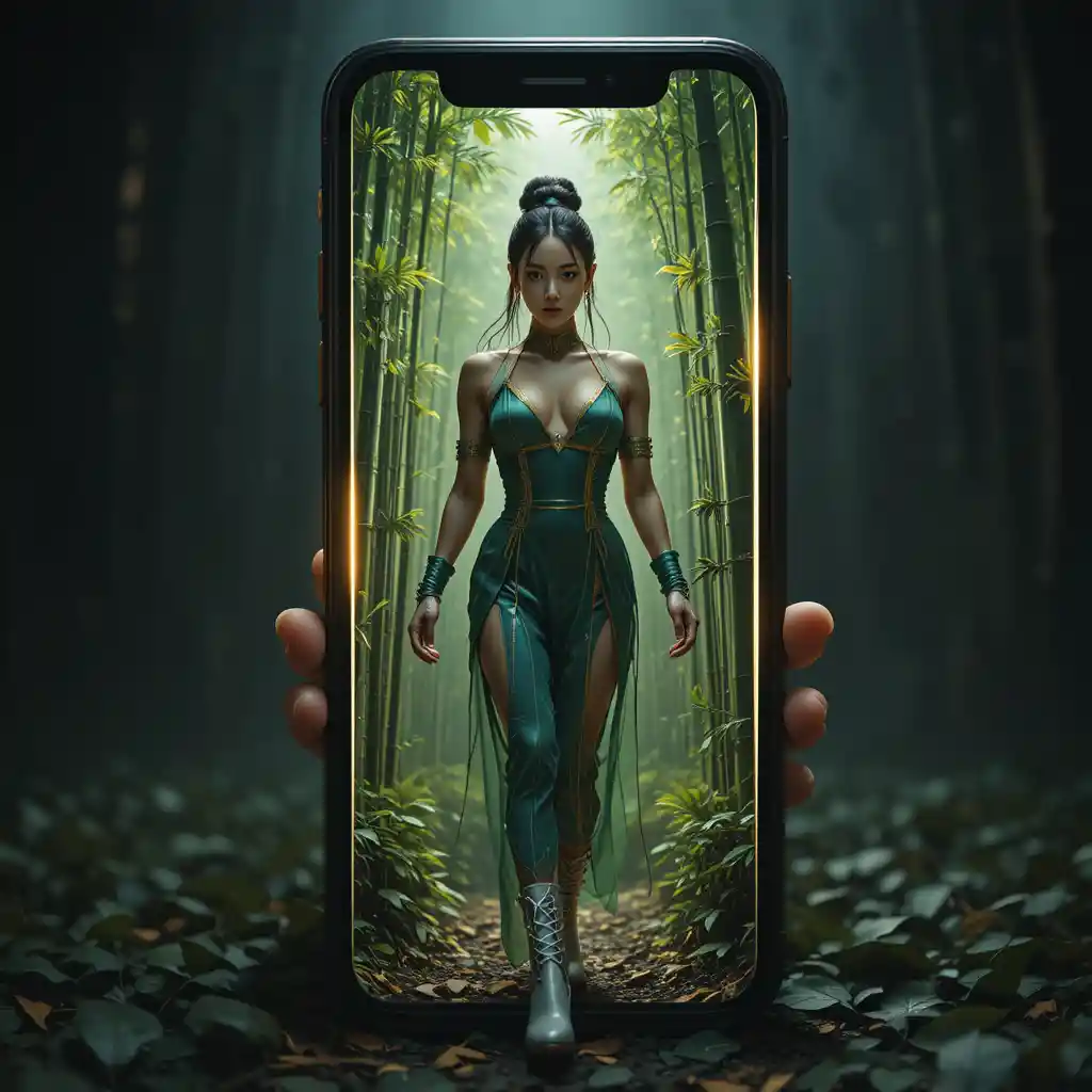 Confident woman stepping from glowing phone into bamboo forest