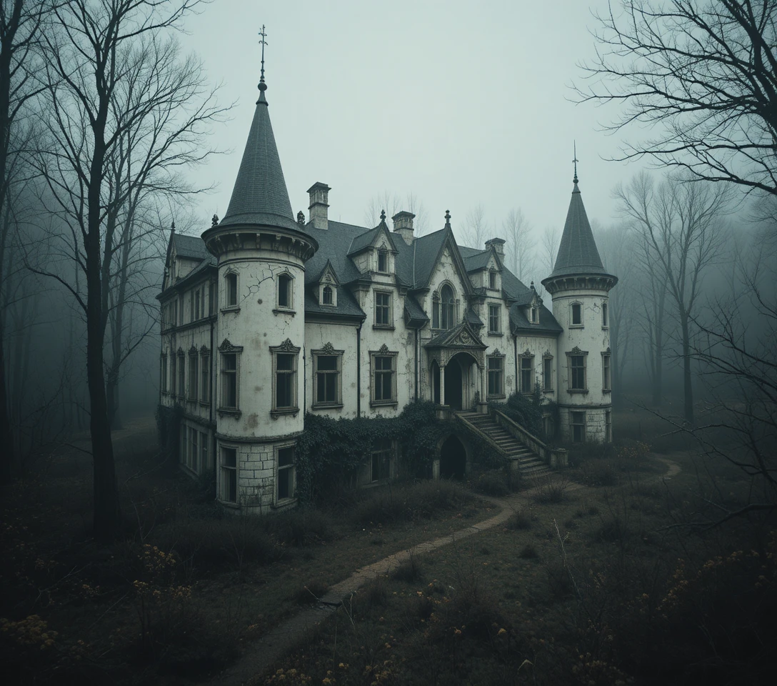Castello francese abbandonato in foresta oscura vista dall’alto