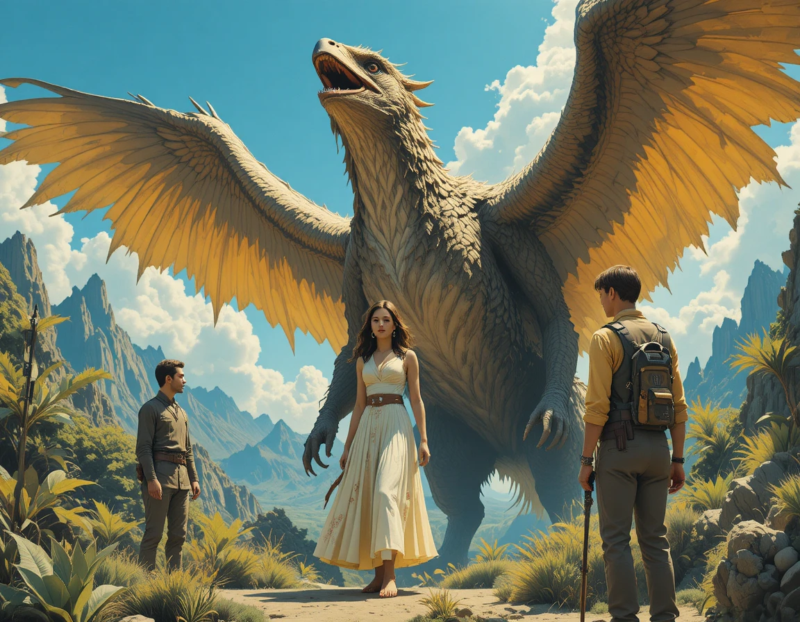 Retro-Fantasy-Poster mit Frau, die einem geflügelten Monster gegenübersteht