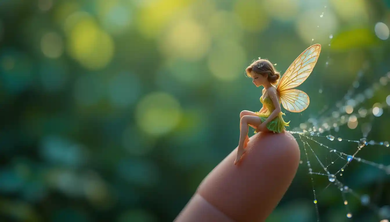 Tiny fairy resting on a dew covered spiderweb