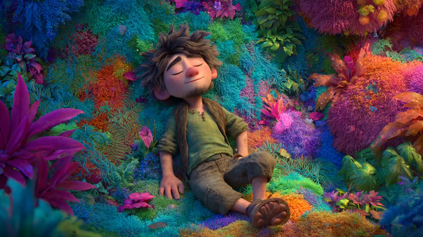 Playful 3D cartoon character in a colorful whimsical scene