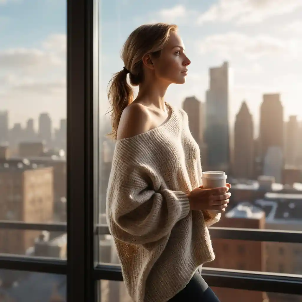 Donna alla finestra nella soffice luce del mattino con caffè