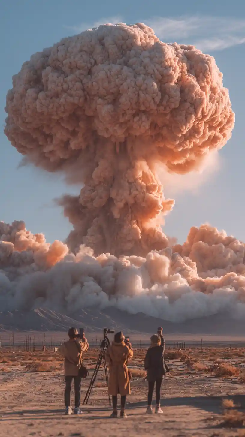Selfie video of influencers posing before nuclear mushroom cloud
