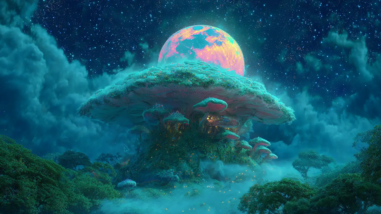 Giant moonlit mushroom rising in a misty fantasy forest
