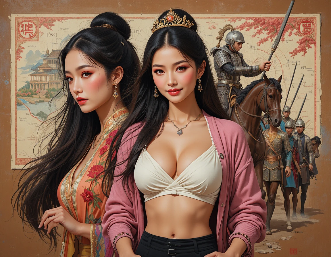 Epic fantasy illustration with crowned woman and horse warrior