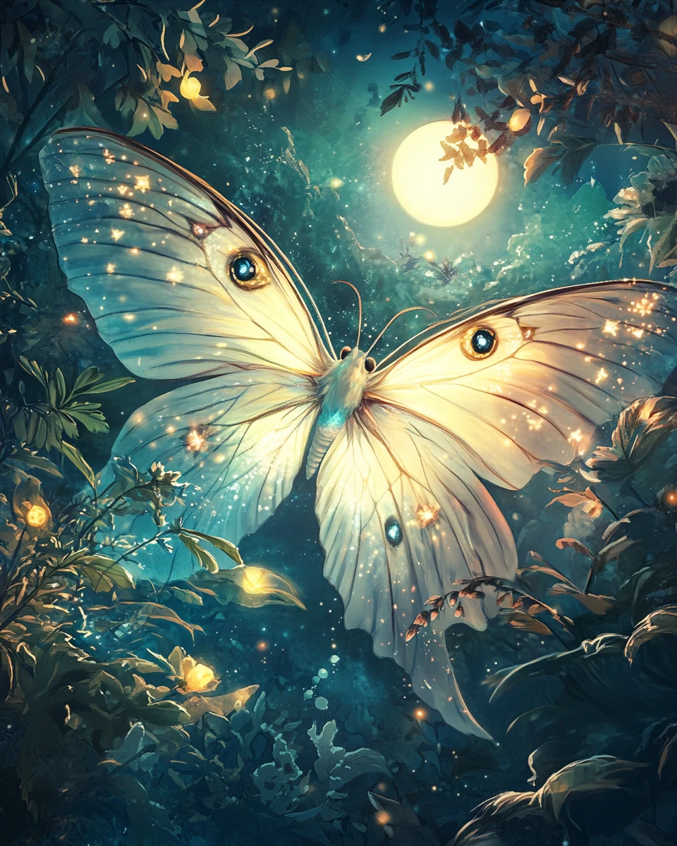 Espíritu de polilla lunar radiante bailando en un bosque encantado