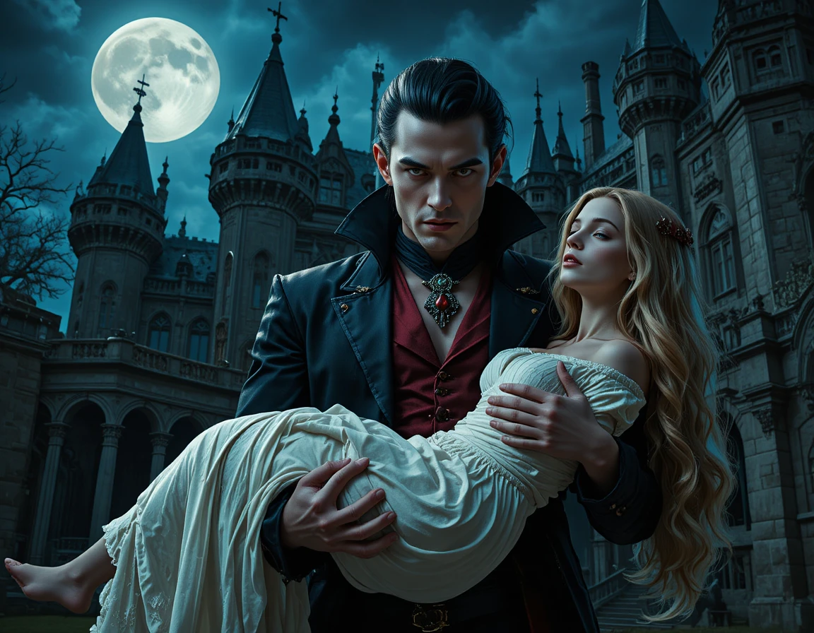 Vampire carrying unconscious woman before a gothic castle