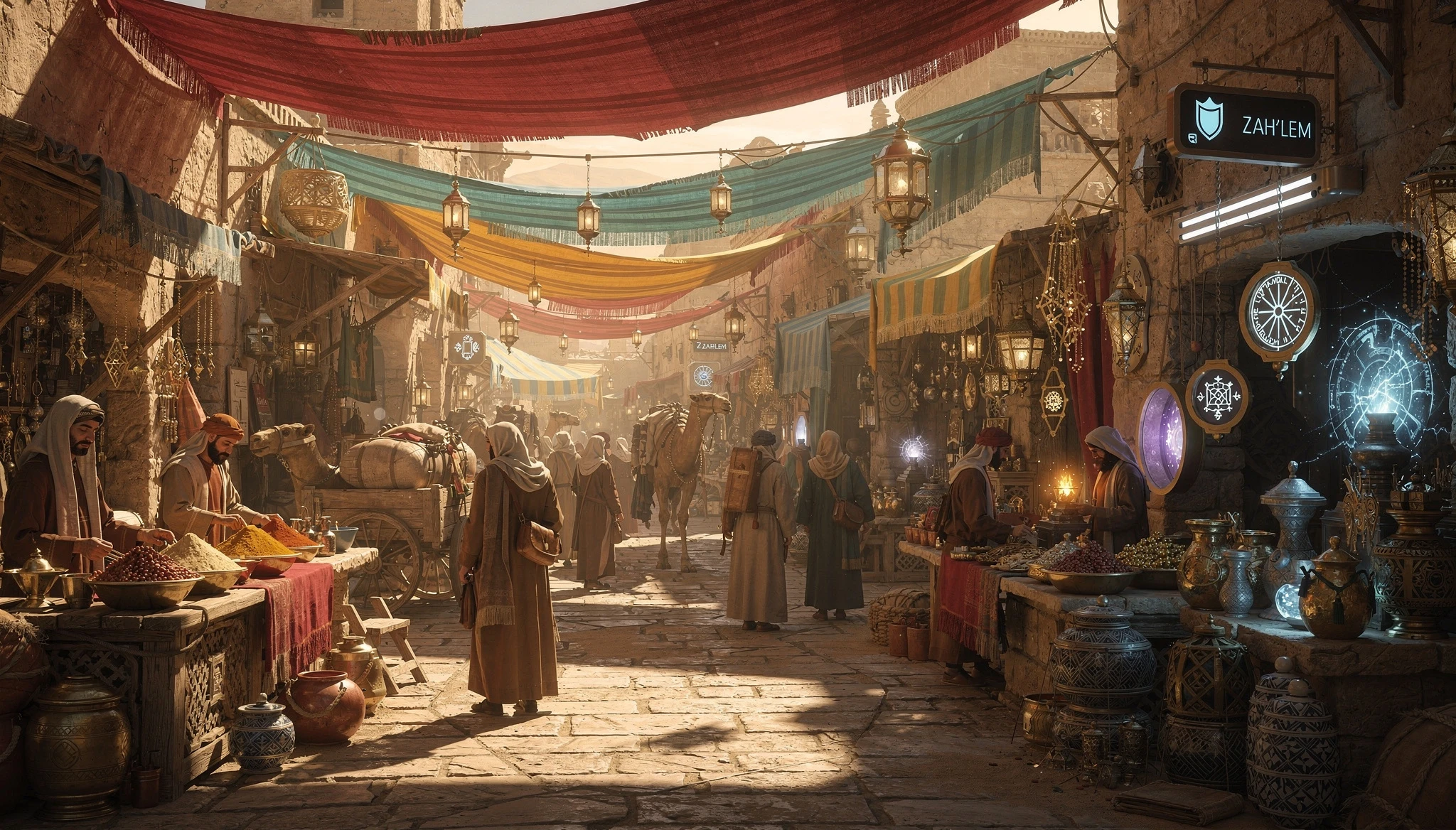 Bustling desert souk with merchants in a narrow market street