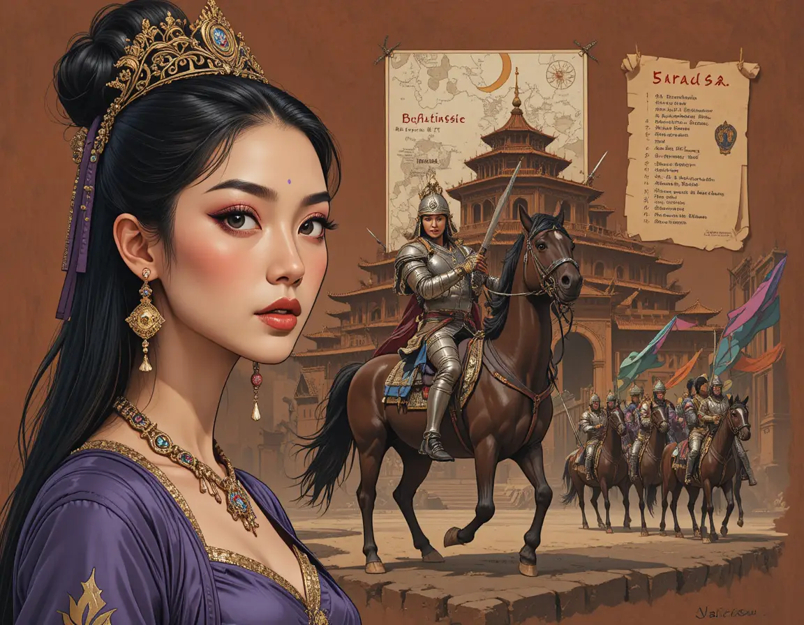 Epic fantasy illustration of crowned woman and mounted warrior