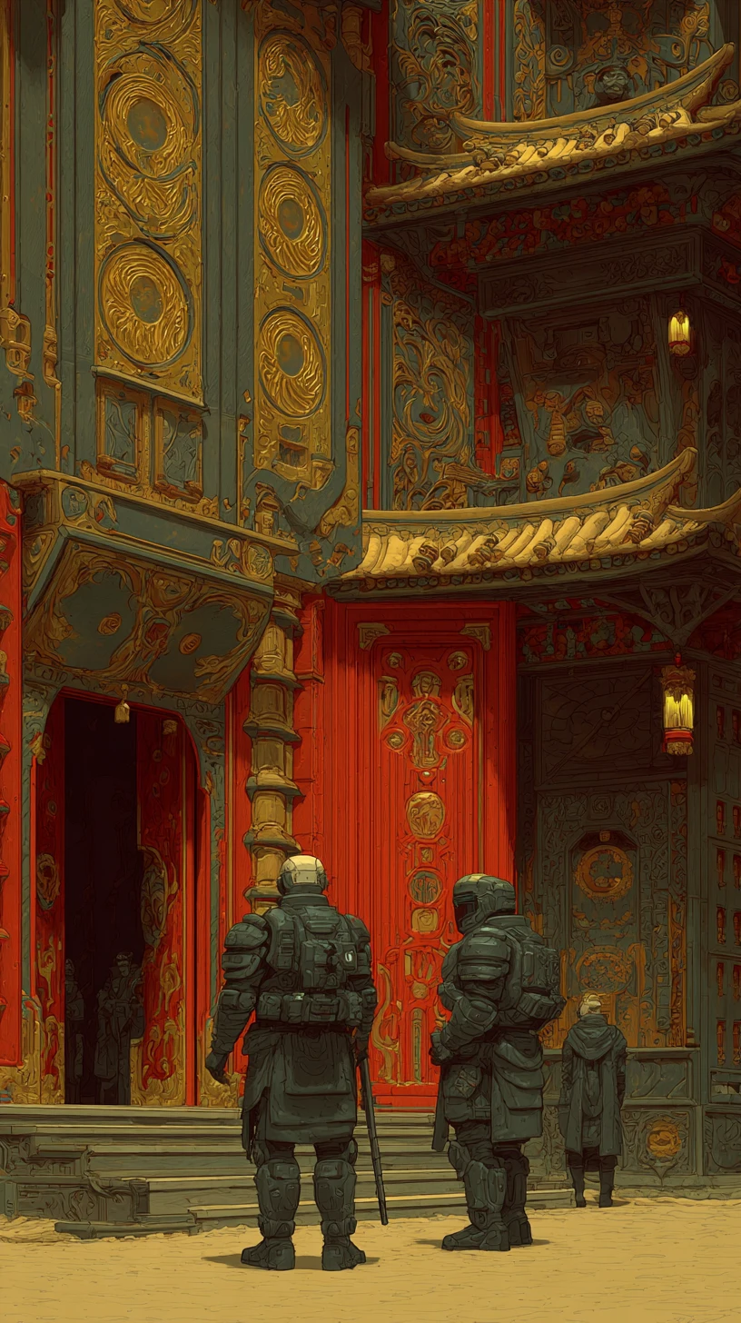 Cyberpunk guards in an ornate golden palace interior