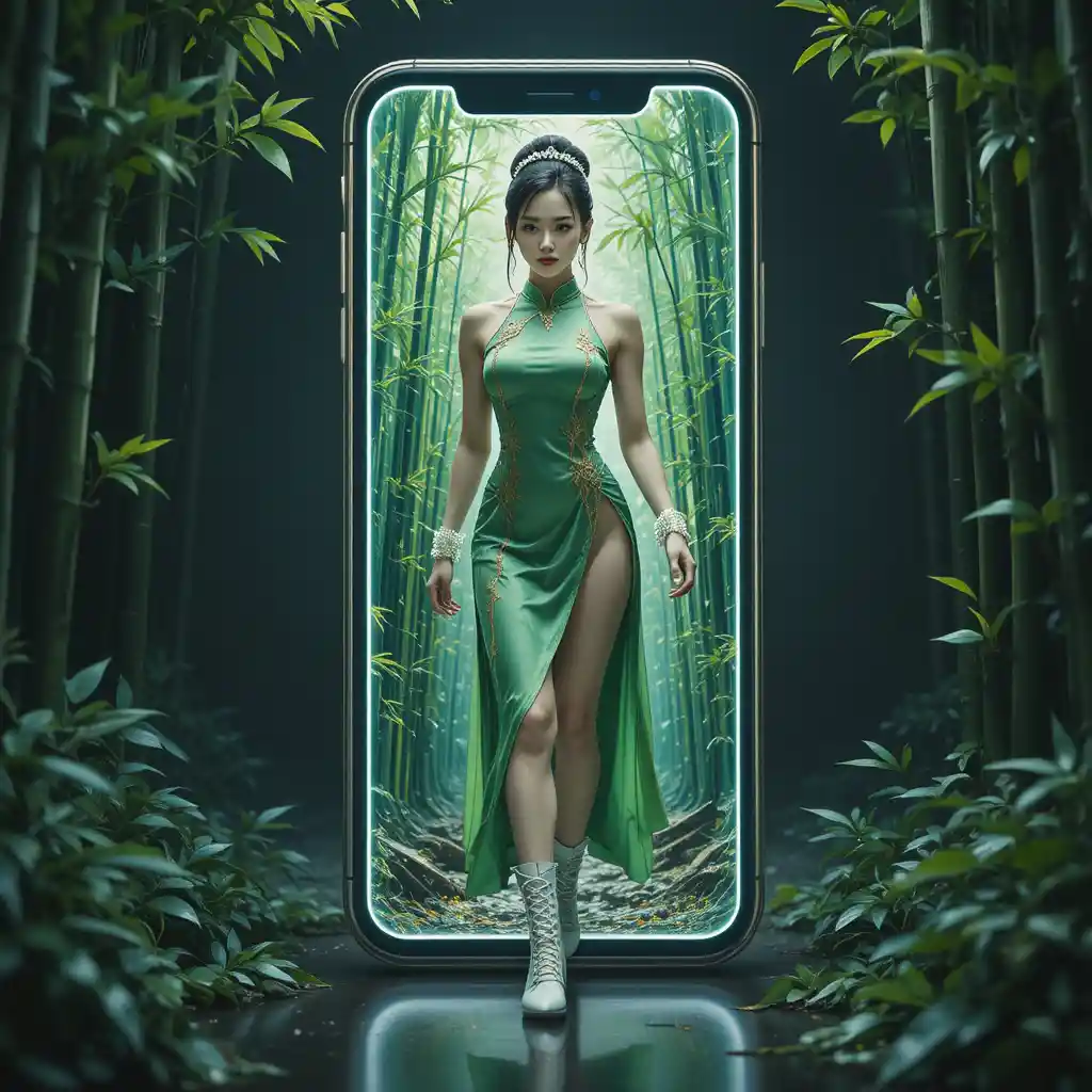 Confident woman stepping from glowing phone into bamboo forest