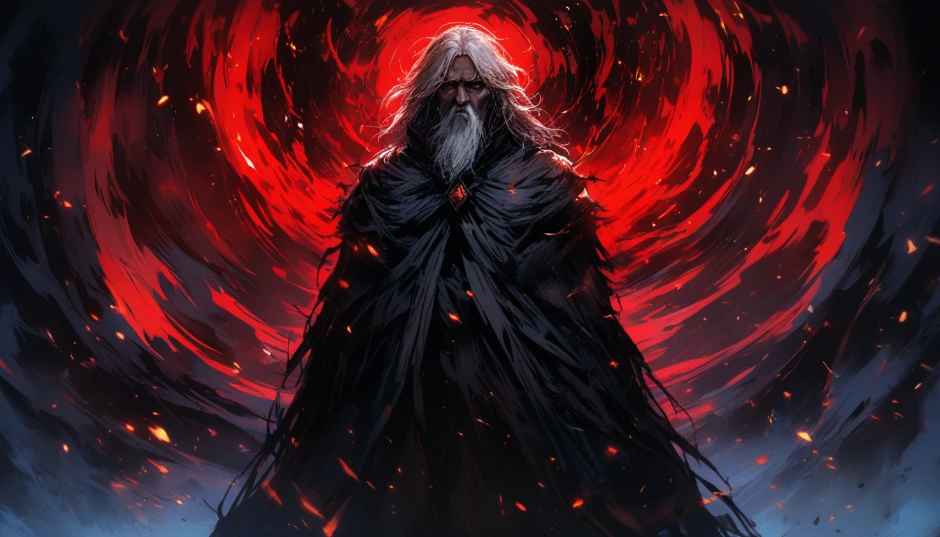 Rugged bald man in storm of ash and embers