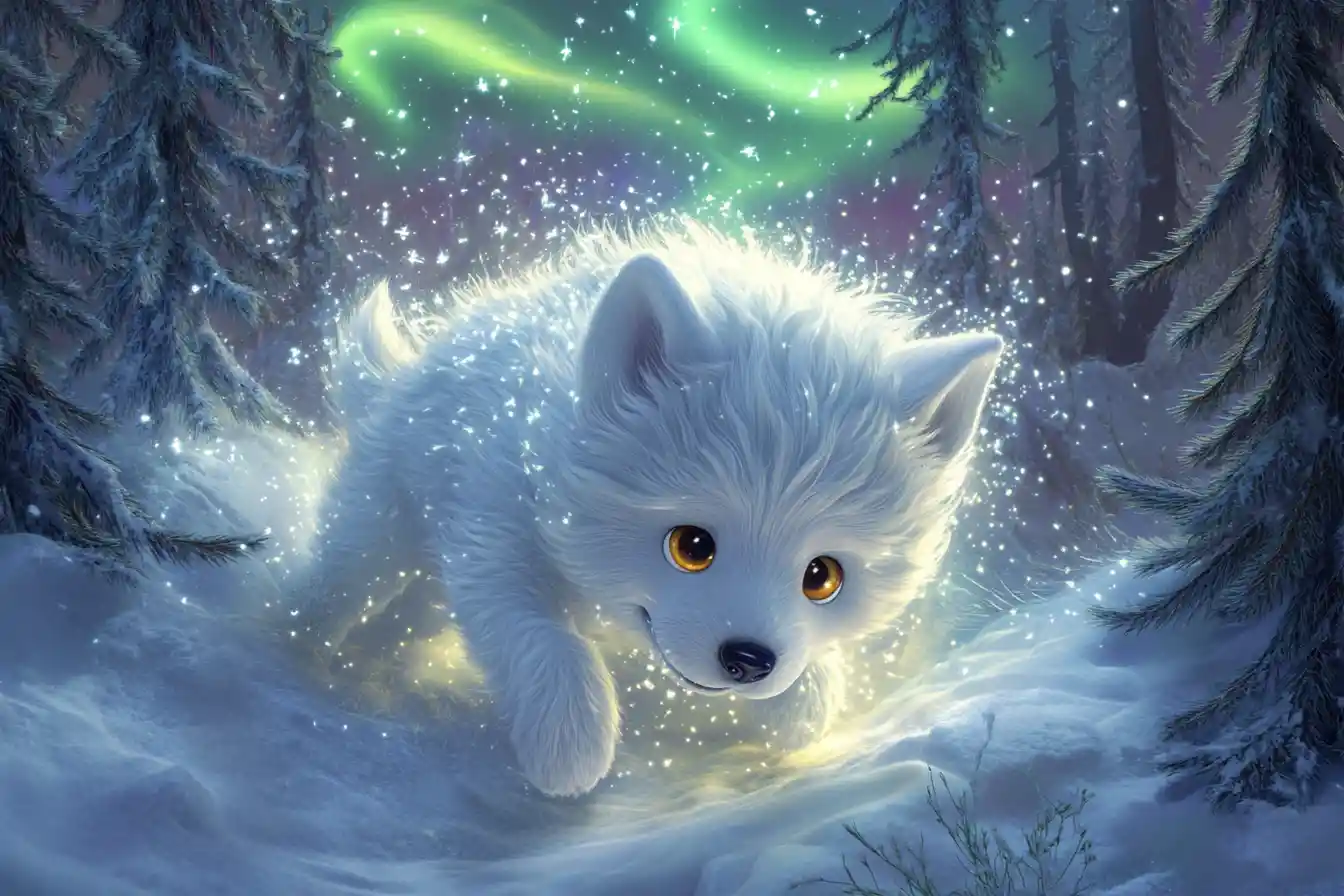 Playful White Wolf Pup In A Moonlit Snowy Forest