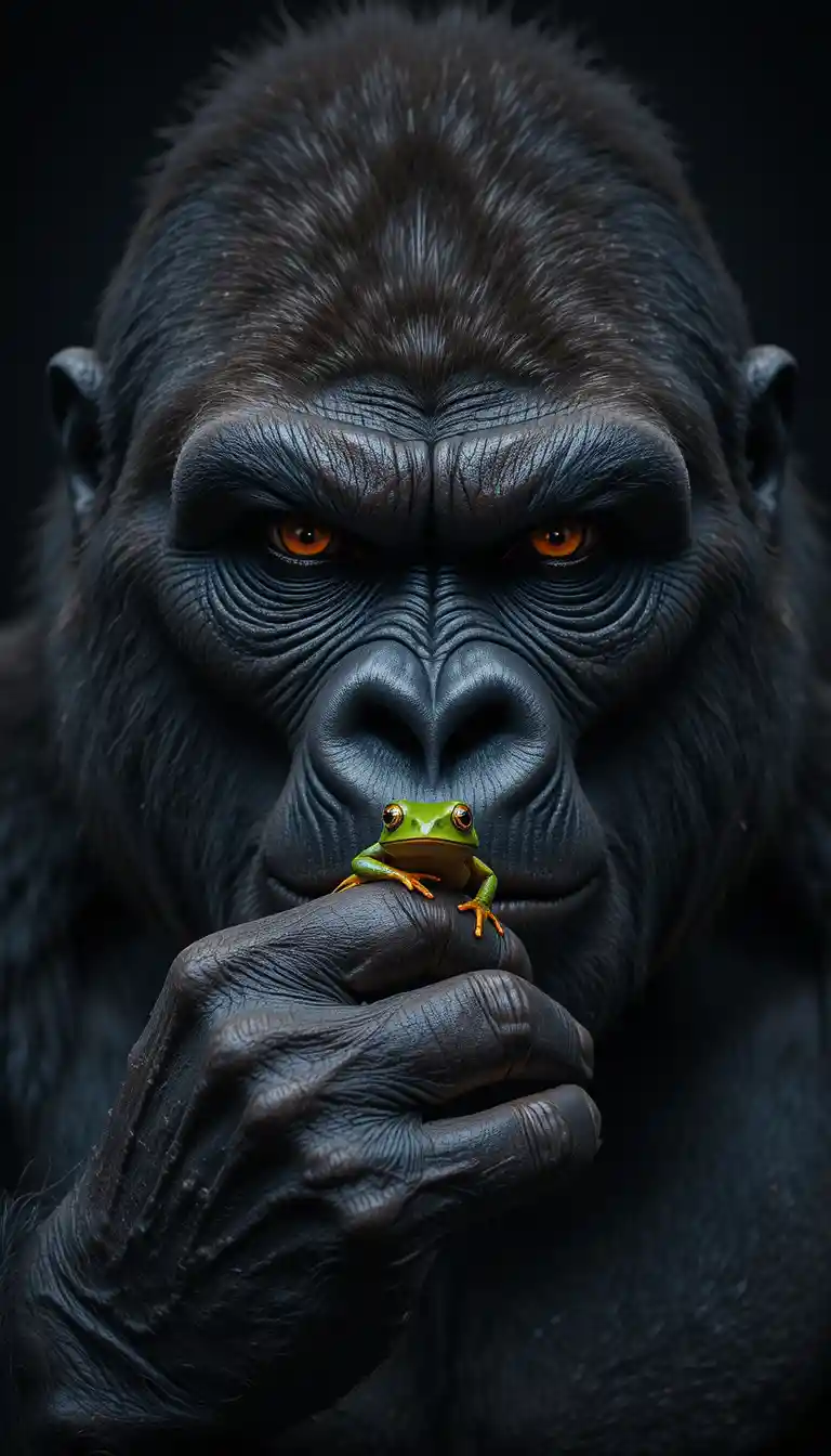 Close up portrait of a silverback gorilla holding a frog