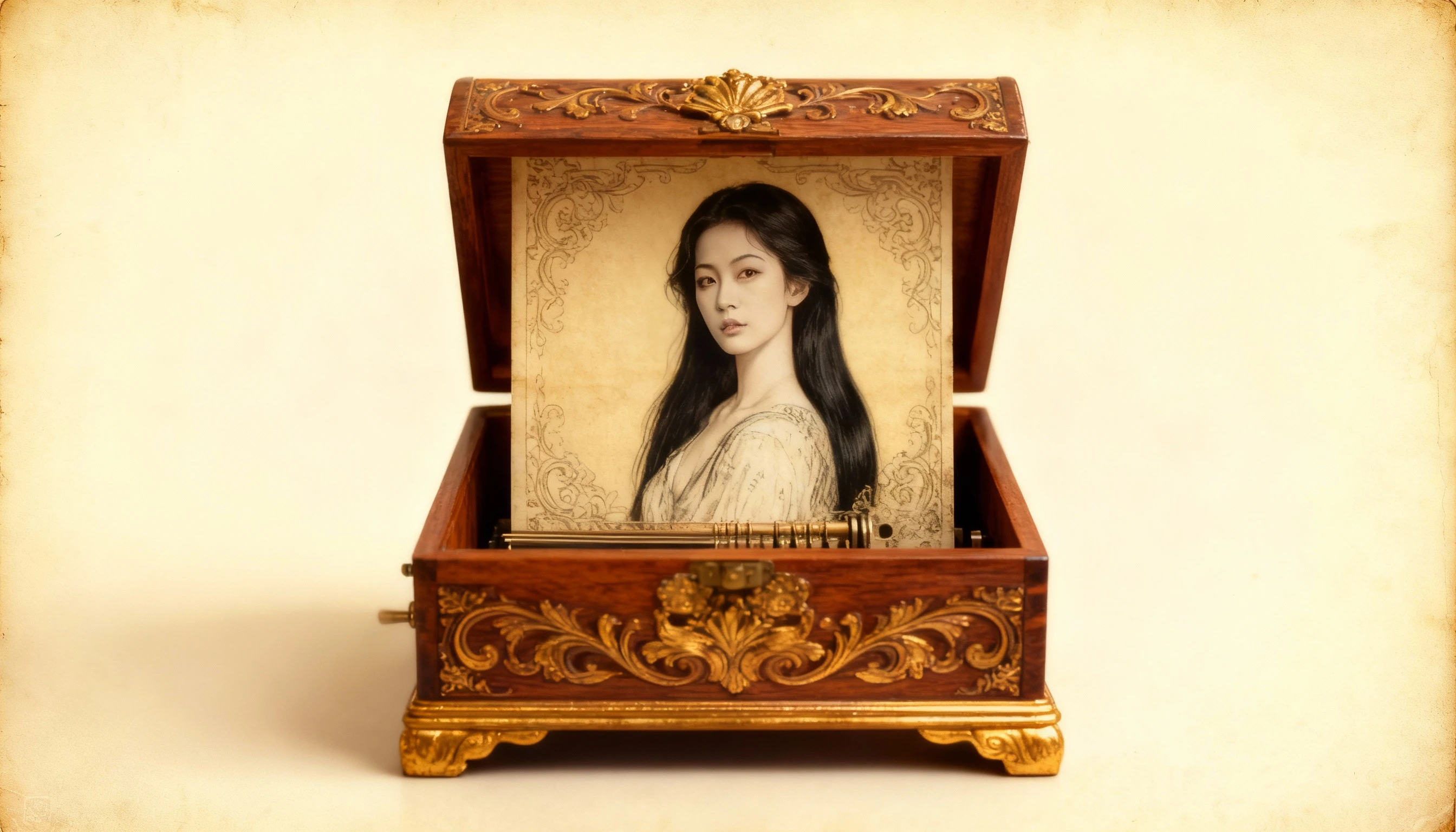 復古木製音樂盒開啟展現人像畫
