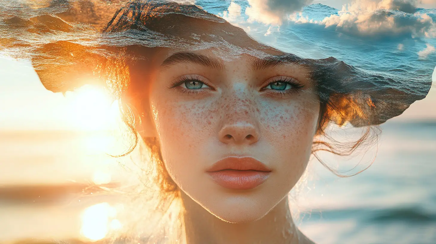 Surreal portrait of a woman fused with ocean sunset