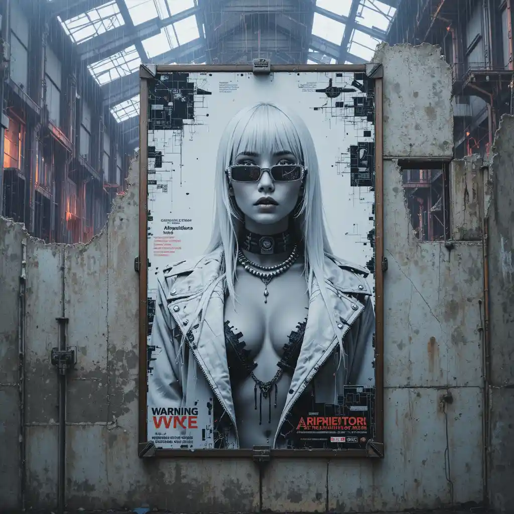Noir-Modeposter an versengter Betonhangarwand