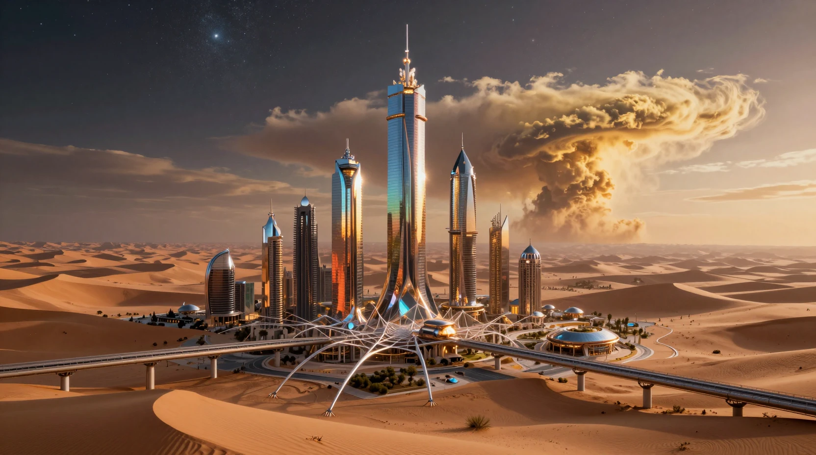 Futuristische Kristallstadt erhebt sich über endlosen Wüstendünen