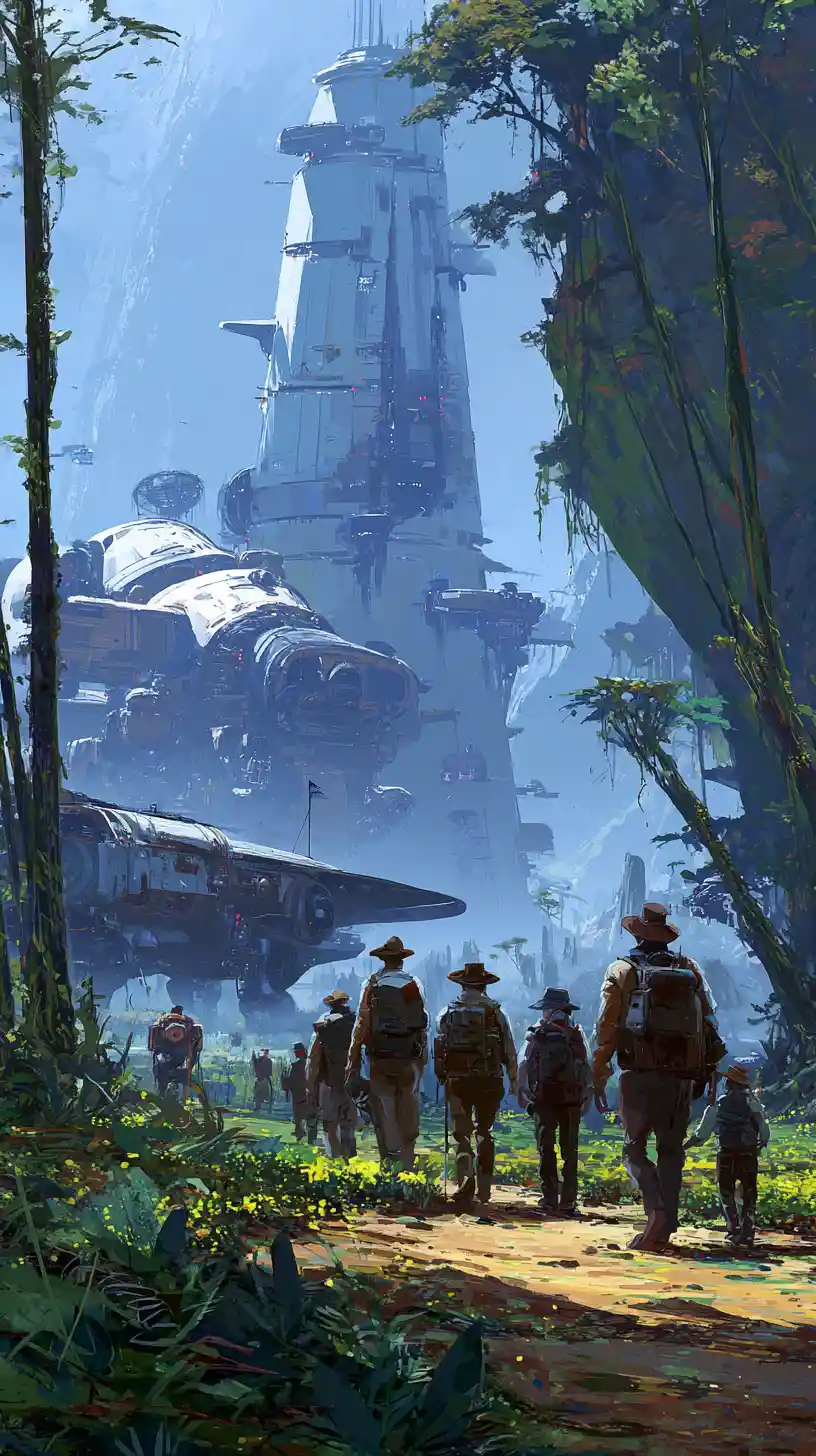 Explorers And Mechs Crossing Vast Alien Machinery Landscape